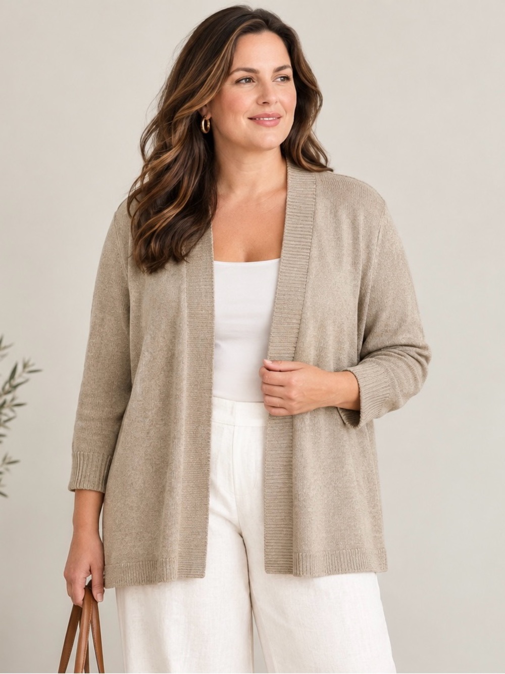 Talbots Woman 3X Linen Cardigan Taupe Open Front Minimalist Quiet Luxury